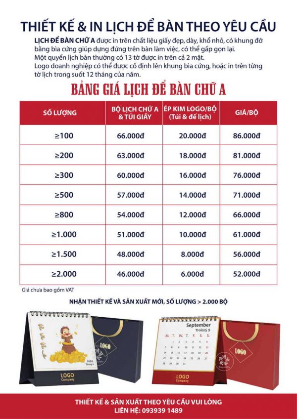 bảng giá lịch gỗ để bàn